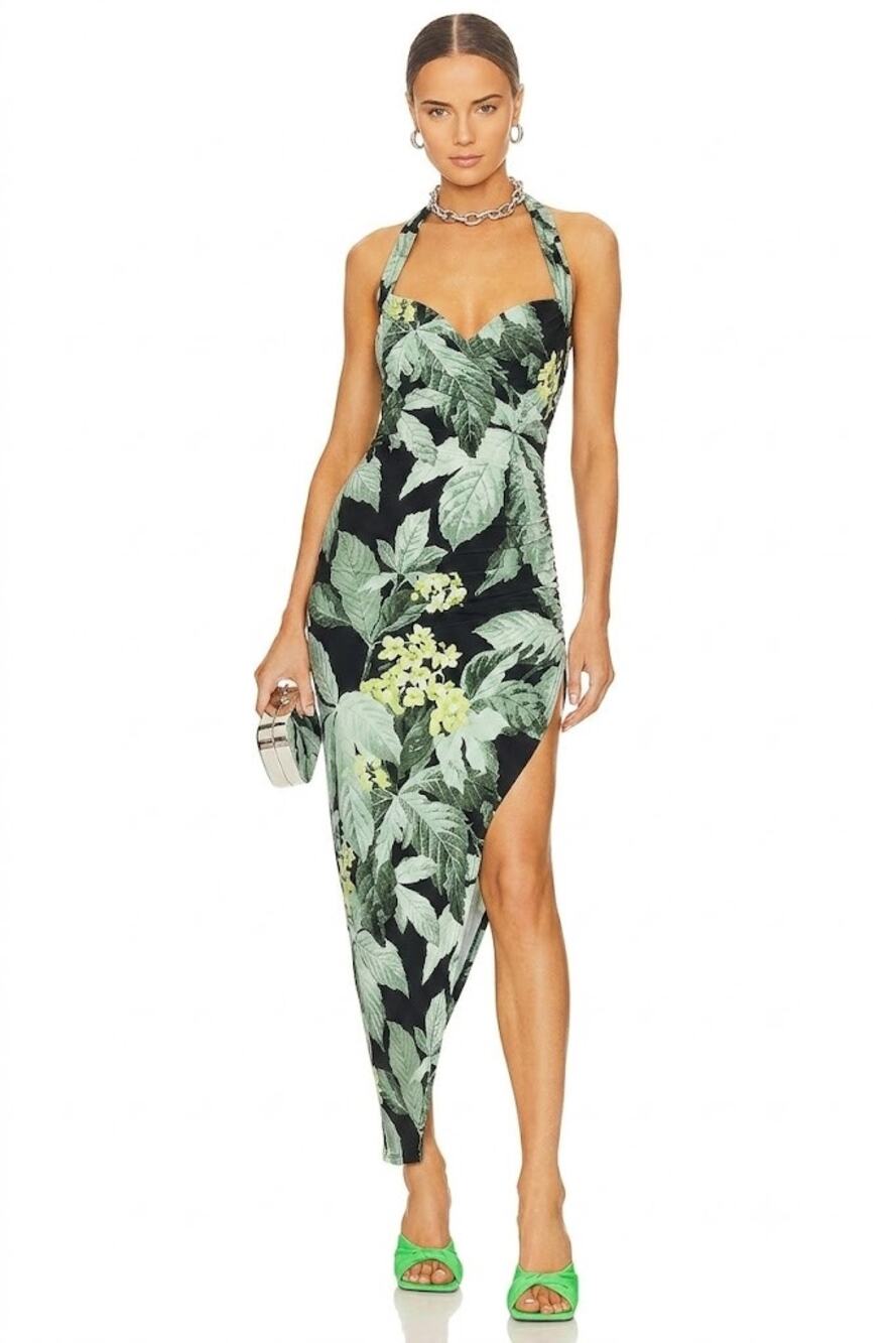Norma Kamali Cayla Side Drape Halter Maxi Dress XL NWT Tropical Mint Floral Gown
